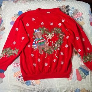 Holiday Time Red Christmas Bear Wreath Snowflake Sweatshirt Mens Large Vintage